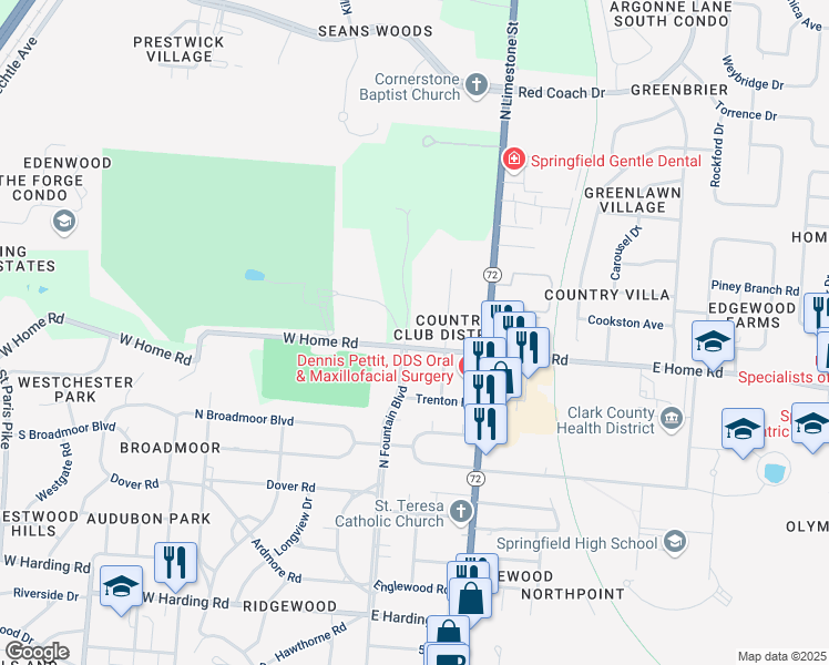 map of restaurants, bars, coffee shops, grocery stores, and more near 16 East Home Road in Springfield