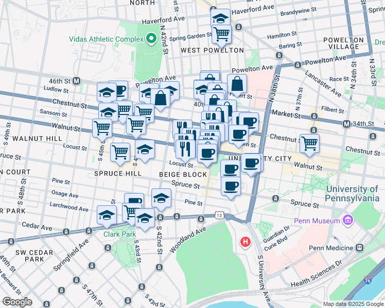 map of restaurants, bars, coffee shops, grocery stores, and more near 4034 Walnut Street in Philadelphia