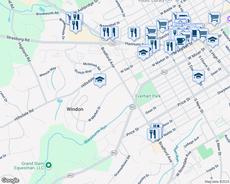 map of restaurants, bars, coffee shops, grocery stores, and more near 710 West Market Street in West Chester