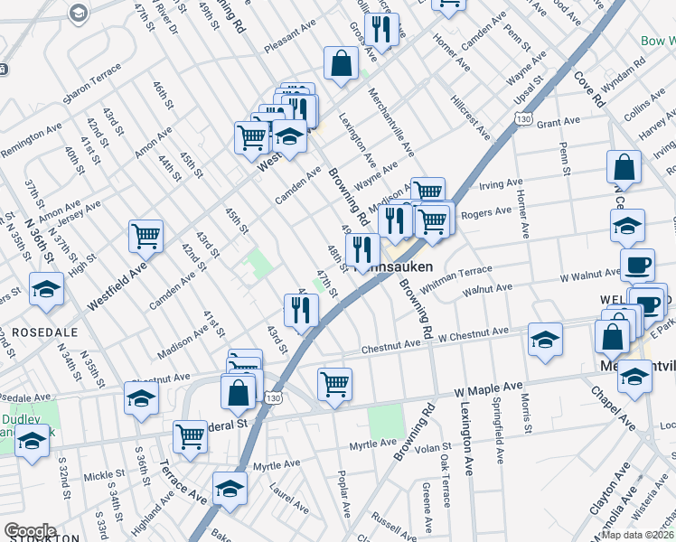 map of restaurants, bars, coffee shops, grocery stores, and more near 2509 48th St in Pennsauken Township