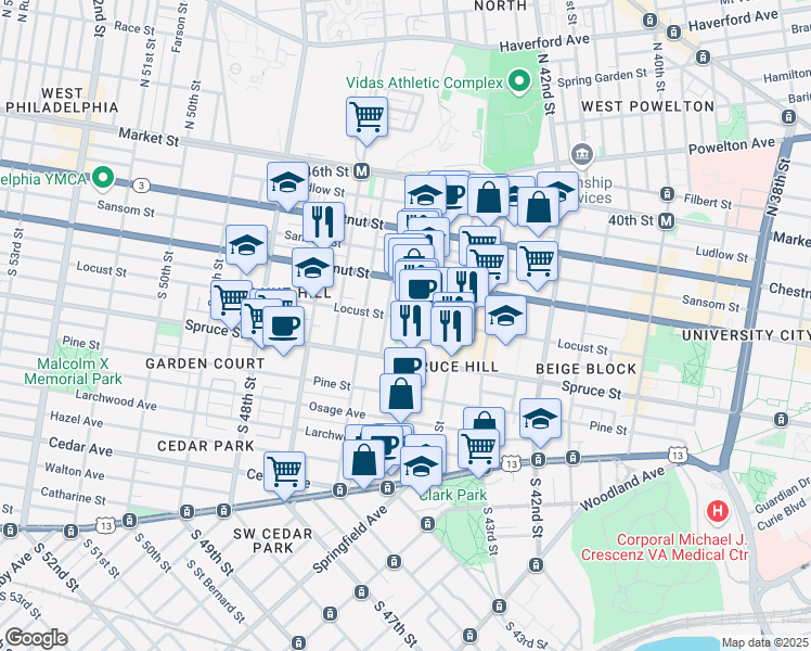 map of restaurants, bars, coffee shops, grocery stores, and more near 238 South 45th Street in Philadelphia