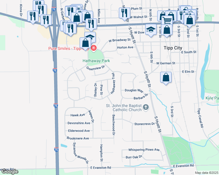 map of restaurants, bars, coffee shops, grocery stores, and more near 560 Poplar Dr in Tipp City