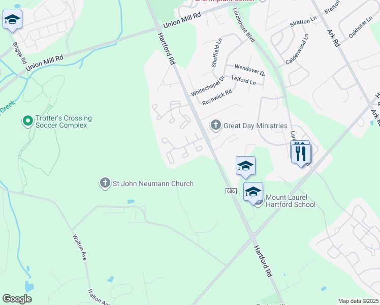 map of restaurants, bars, coffee shops, grocery stores, and more near 401 Jamestown Court in Mount Laurel Township