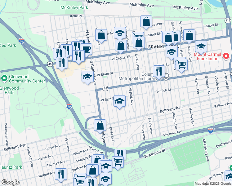 map of restaurants, bars, coffee shops, grocery stores, and more near 205 South Princeton Avenue in Columbus