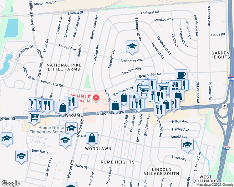 map of restaurants, bars, coffee shops, grocery stores, and more near 4982 Eastham Way in Columbus