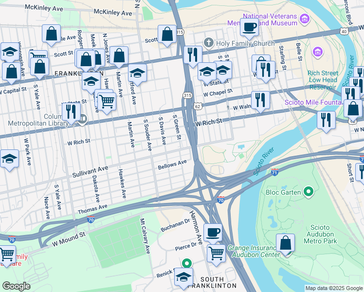 map of restaurants, bars, coffee shops, grocery stores, and more near 726 Sullivant Avenue in Columbus