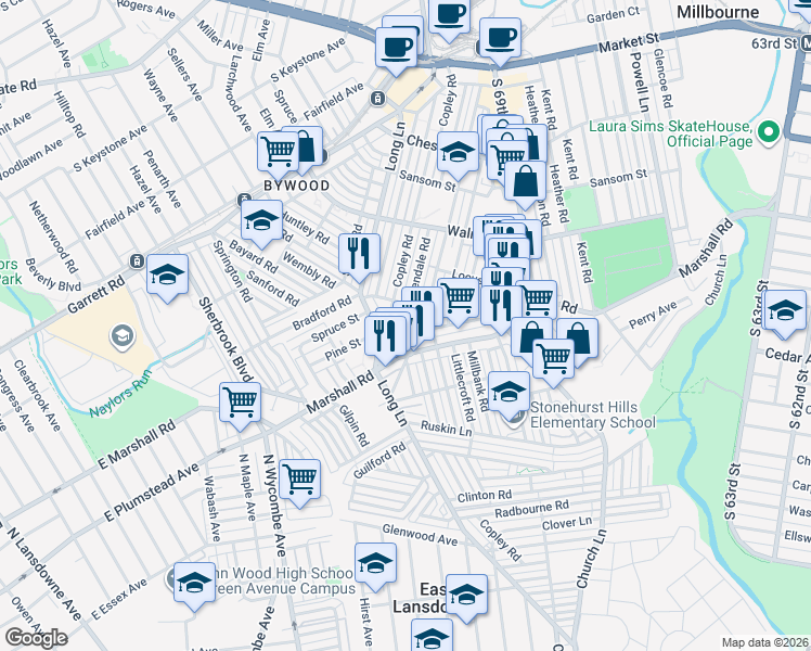 map of restaurants, bars, coffee shops, grocery stores, and more near 325 Copley Road in Delaware County