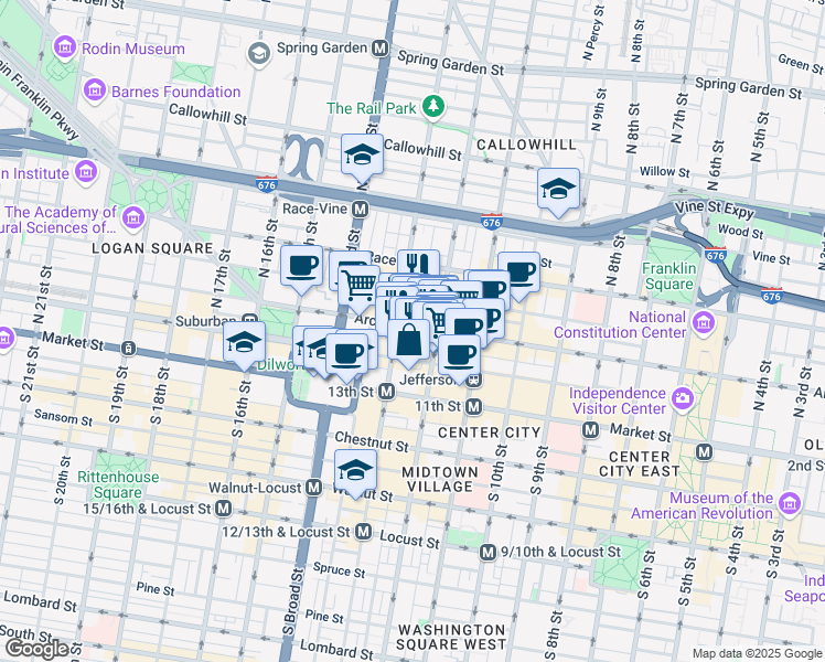 map of restaurants, bars, coffee shops, grocery stores, and more near 1218 Arch Street in Philadelphia