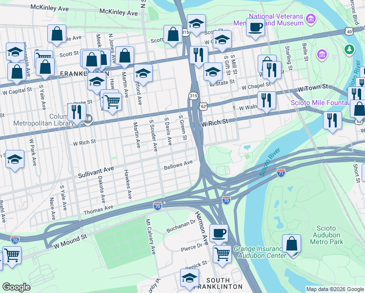 map of restaurants, bars, coffee shops, grocery stores, and more near 726 Sullivant Avenue in Columbus