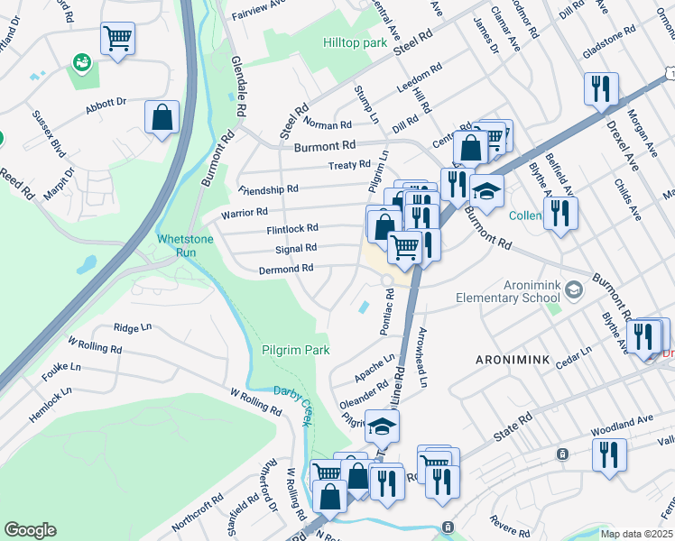 map of restaurants, bars, coffee shops, grocery stores, and more near 1206 Dermond Road in Delaware County
