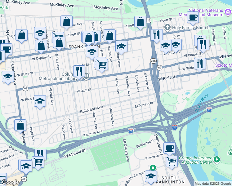 map of restaurants, bars, coffee shops, grocery stores, and more near 263 Martin Avenue in Columbus