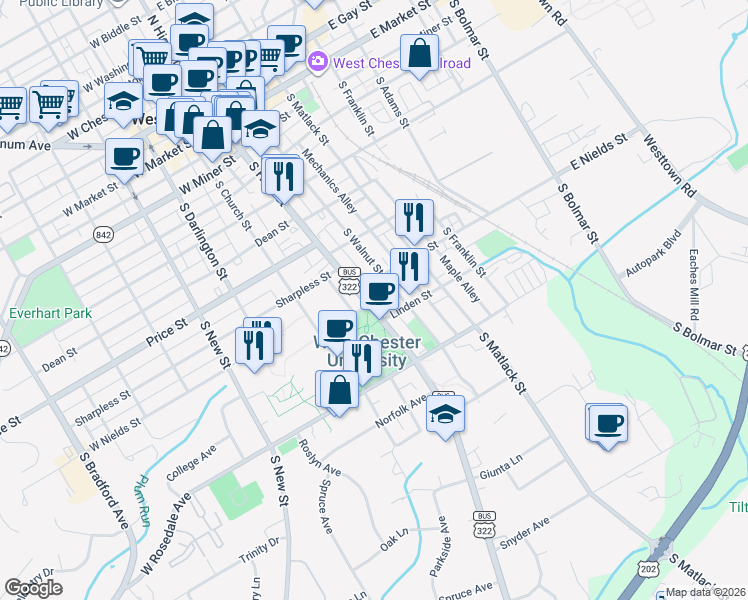 map of restaurants, bars, coffee shops, grocery stores, and more near in West Chester