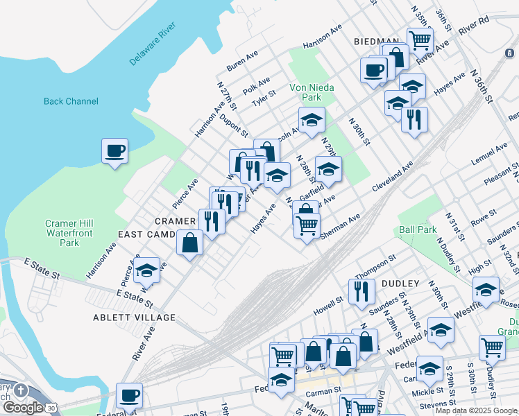 map of restaurants, bars, coffee shops, grocery stores, and more near 917 North 25th Street in Camden