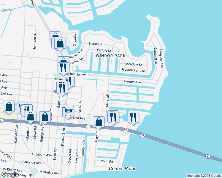 map of restaurants, bars, coffee shops, grocery stores, and more near 3403 Thistle Avenue in Toms River