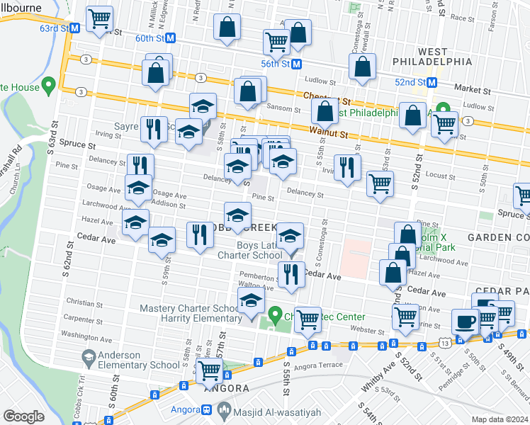 map of restaurants, bars, coffee shops, grocery stores, and more near 5618 Osage Avenue in Philadelphia
