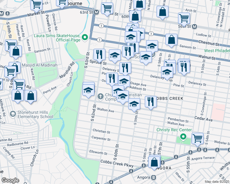 map of restaurants, bars, coffee shops, grocery stores, and more near 6040 Larchwood Avenue in Philadelphia