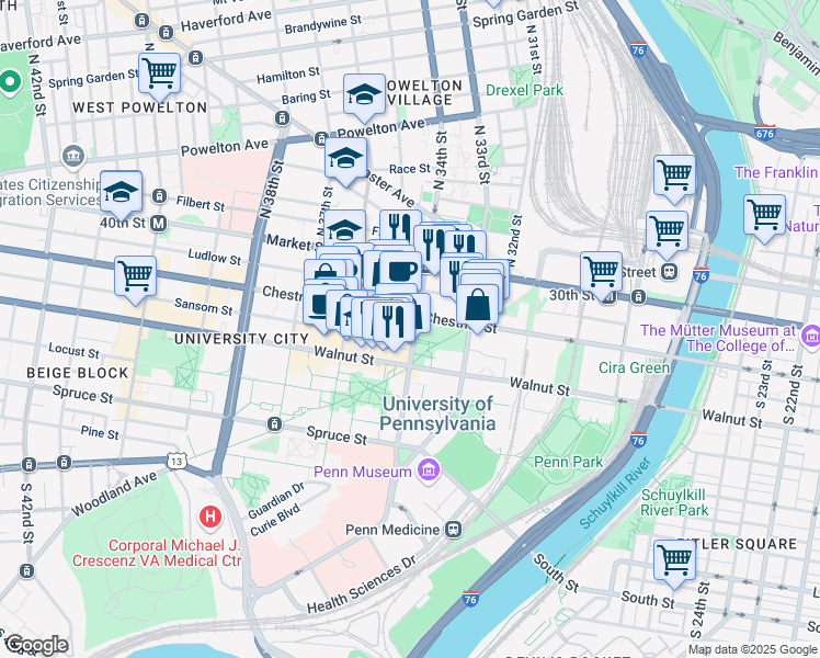 map of restaurants, bars, coffee shops, grocery stores, and more near 3400 Chestnut Street in Philadelphia