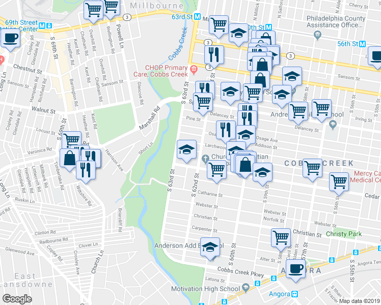 map of restaurants, bars, coffee shops, grocery stores, and more near 6224 Hazel Avenue in Philadelphia