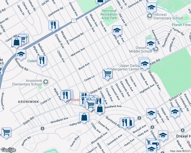 map of restaurants, bars, coffee shops, grocery stores, and more near 4014 Cedar Lane in Drexel Hill