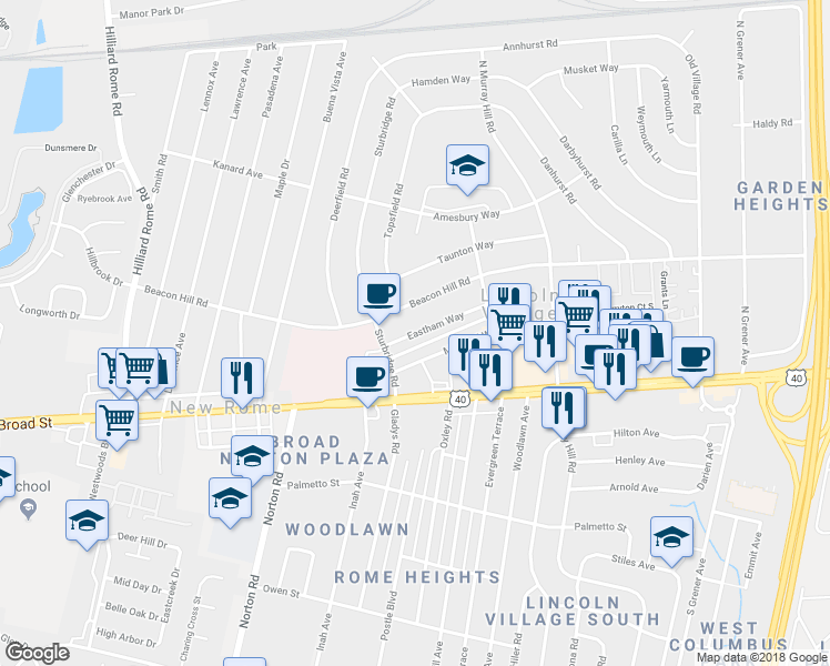 map of restaurants, bars, coffee shops, grocery stores, and more near 5012 Eastham Way in Columbus