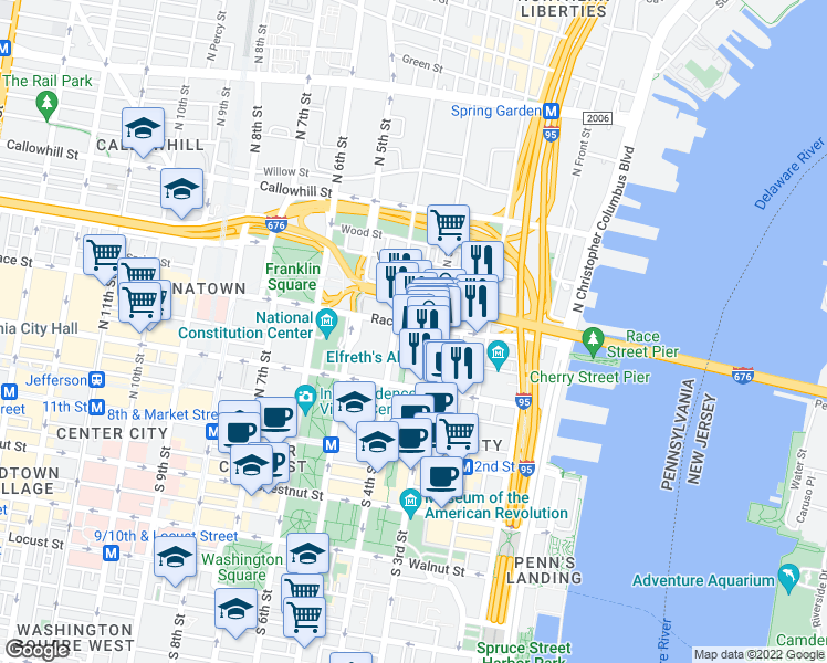map of restaurants, bars, coffee shops, grocery stores, and more near 320 Race Street in Philadelphia