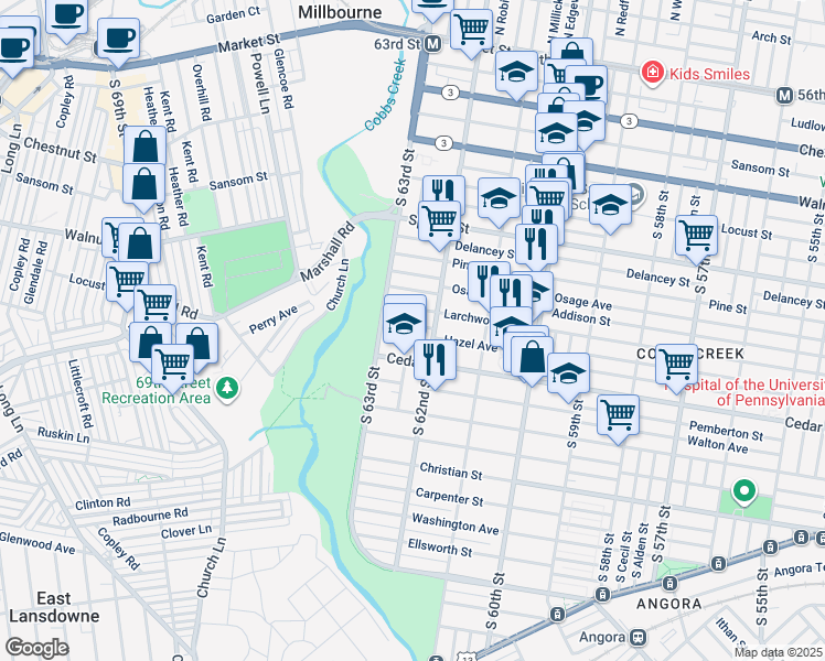 map of restaurants, bars, coffee shops, grocery stores, and more near 6224 Hazel Avenue in Philadelphia
