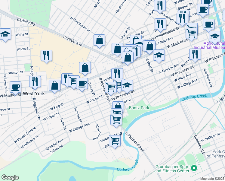 map of restaurants, bars, coffee shops, grocery stores, and more near 927 West Poplar Street in York