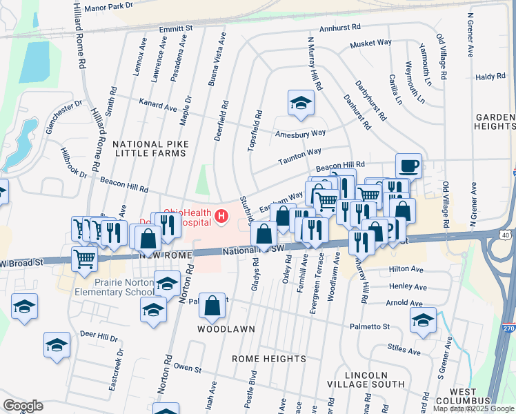map of restaurants, bars, coffee shops, grocery stores, and more near 5028 Eastham Way in Columbus