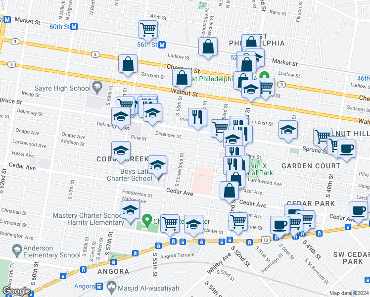 map of restaurants, bars, coffee shops, grocery stores, and more near 5432 Pine Street in Philadelphia