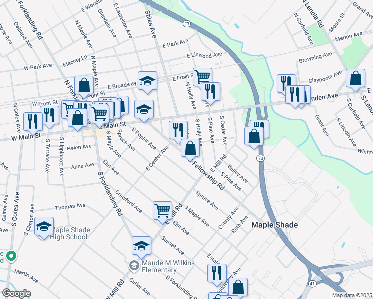 map of restaurants, bars, coffee shops, grocery stores, and more near 106 South Walnut Avenue in Maple Shade Township