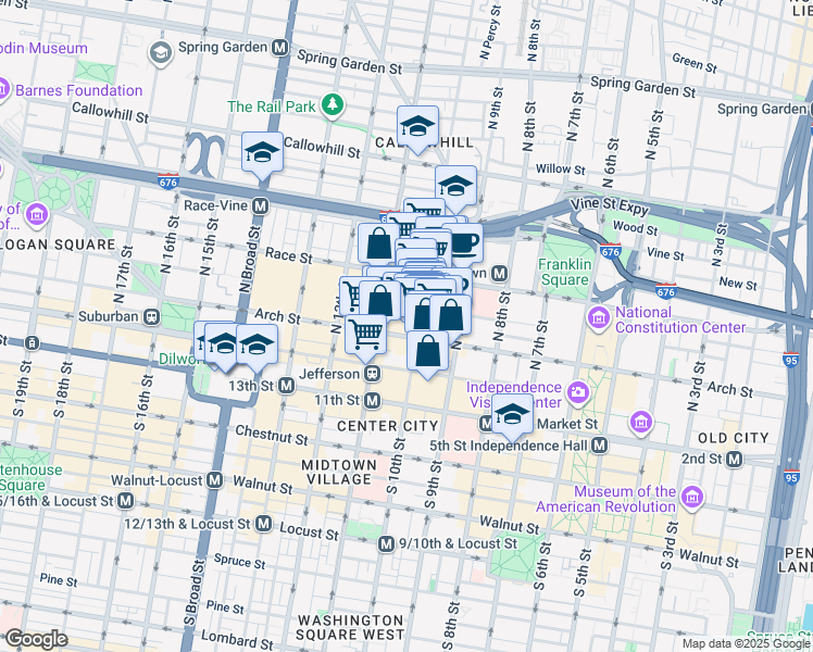 map of restaurants, bars, coffee shops, grocery stores, and more near 1009 Arch Street in Philadelphia