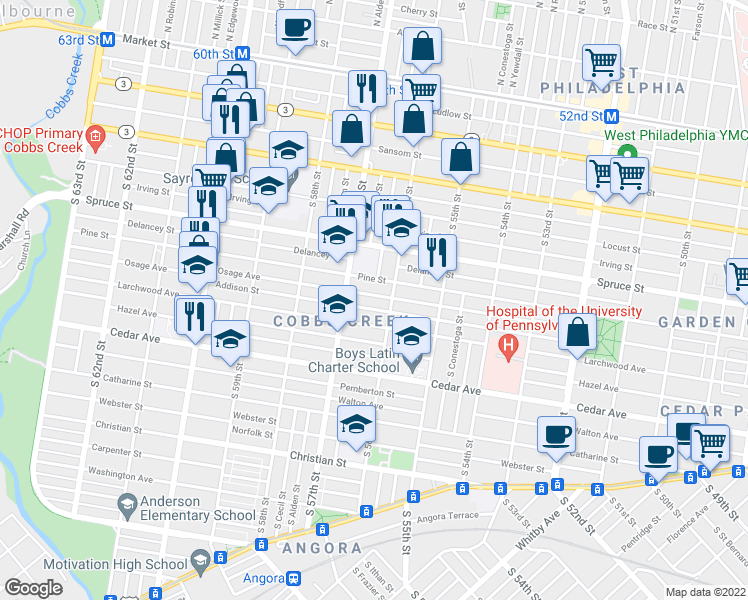 map of restaurants, bars, coffee shops, grocery stores, and more near 5622 Osage Ave in Philadelphia