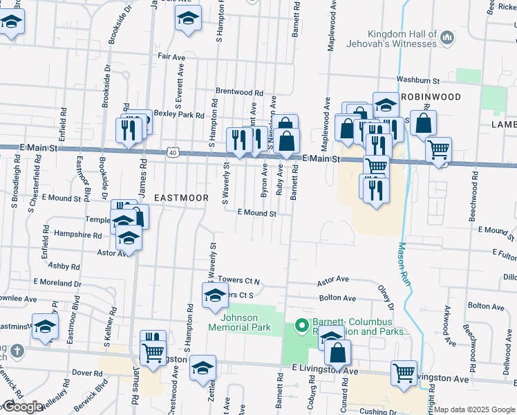 map of restaurants, bars, coffee shops, grocery stores, and more near 881 Byron Avenue in Columbus