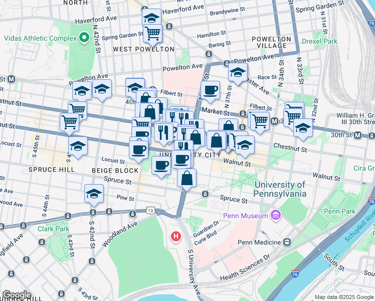 map of restaurants, bars, coffee shops, grocery stores, and more near 3805-7 Walnut Street in Philadelphia
