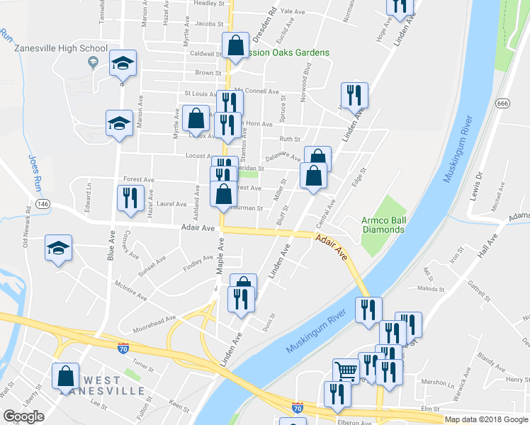 map of restaurants, bars, coffee shops, grocery stores, and more near 414 Thurman Street in Zanesville