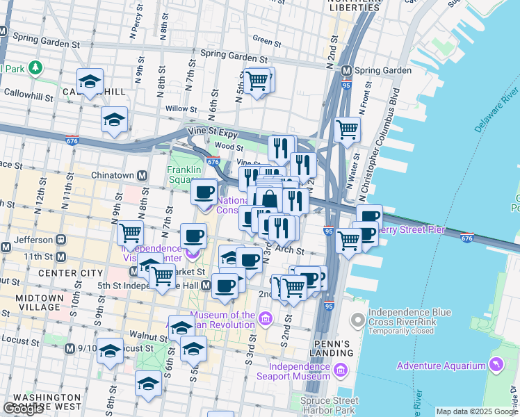map of restaurants, bars, coffee shops, grocery stores, and more near 320 Race Street in Philadelphia