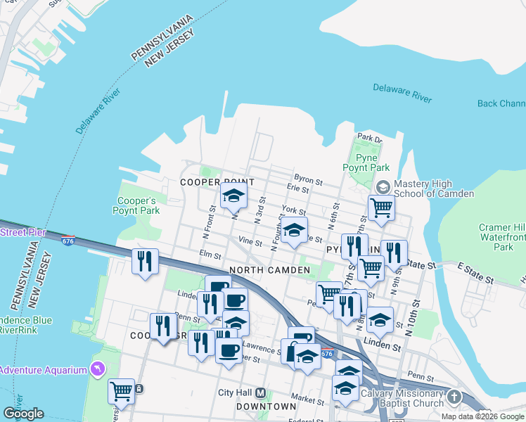 map of restaurants, bars, coffee shops, grocery stores, and more near 832 North 3rd Street in Camden