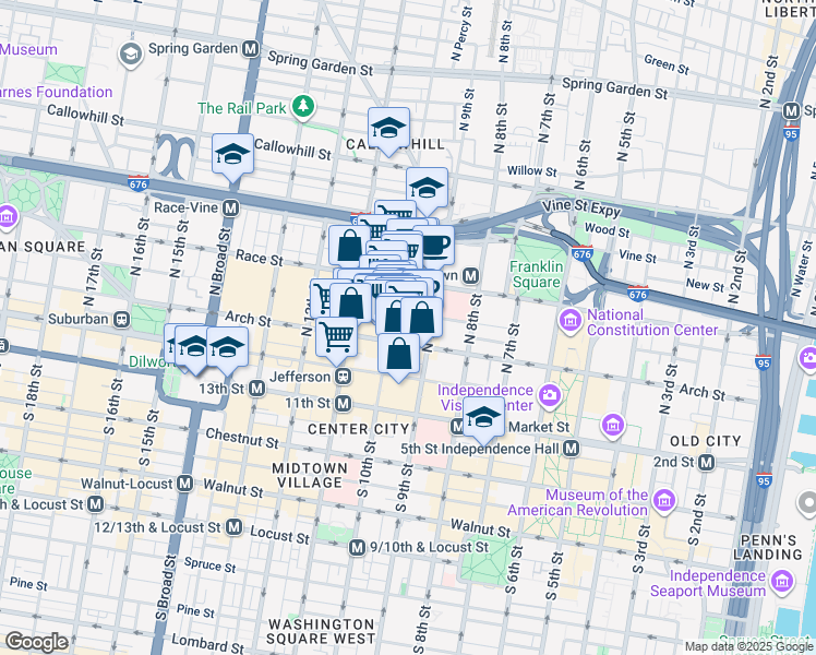 map of restaurants, bars, coffee shops, grocery stores, and more near 917-21 Arch Street in Philadelphia