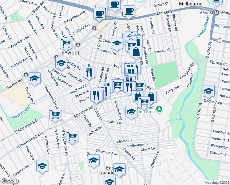 map of restaurants, bars, coffee shops, grocery stores, and more near 7060 Veronica Road in Upper Darby