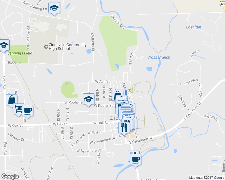 map of restaurants, bars, coffee shops, grocery stores, and more near 265 North 3rd Street in Zionsville