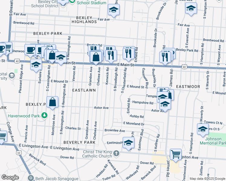 map of restaurants, bars, coffee shops, grocery stores, and more near 803 South Broadleigh Road in Columbus