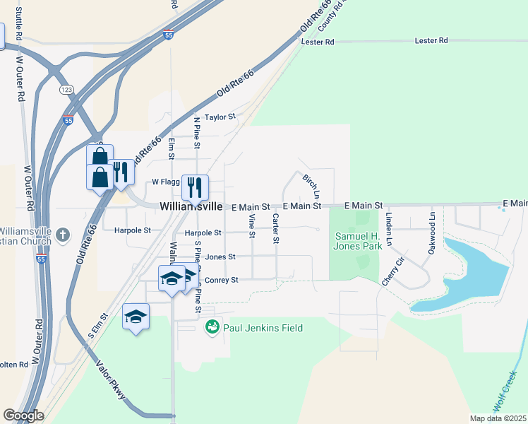 map of restaurants, bars, coffee shops, grocery stores, and more near 300-398 E Main St in Williamsville