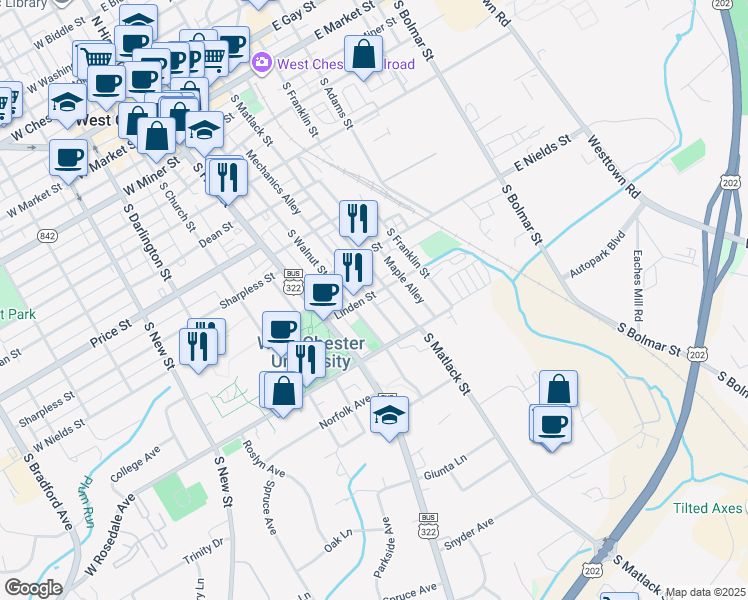 map of restaurants, bars, coffee shops, grocery stores, and more near 118 Linden Street in West Chester