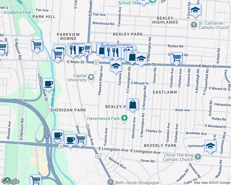 map of restaurants, bars, coffee shops, grocery stores, and more near 749 Euclaire Avenue in Columbus