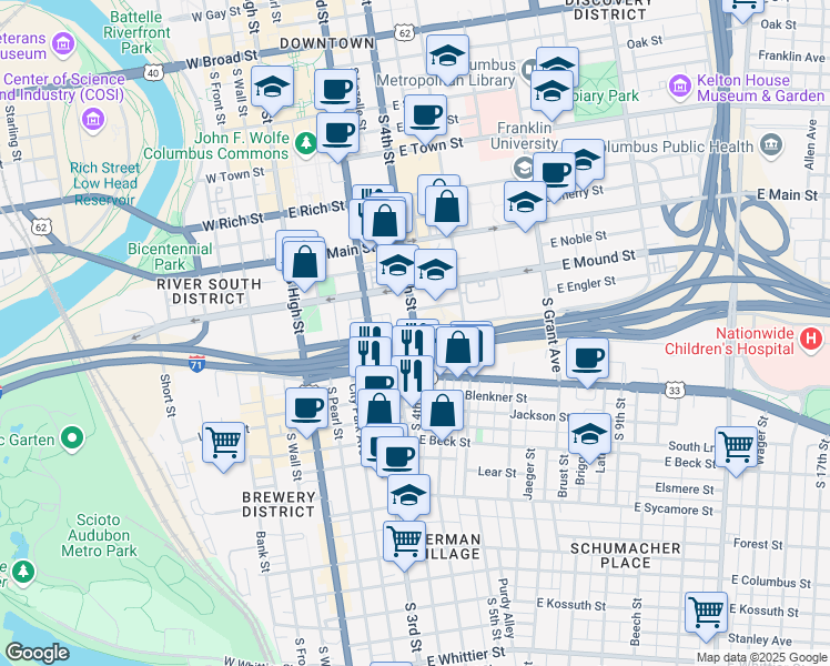 map of restaurants, bars, coffee shops, grocery stores, and more near S 4th St & E Fulton St in Columbus