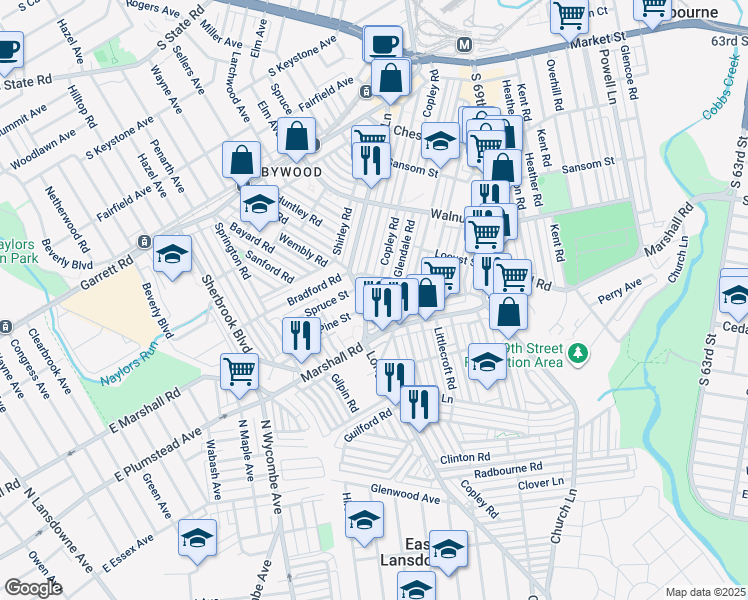 map of restaurants, bars, coffee shops, grocery stores, and more near 7141 Pine Street in Upper Darby