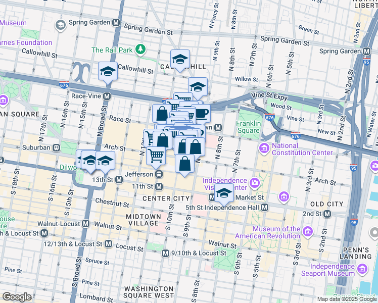 map of restaurants, bars, coffee shops, grocery stores, and more near 917-21 Arch Street in Philadelphia