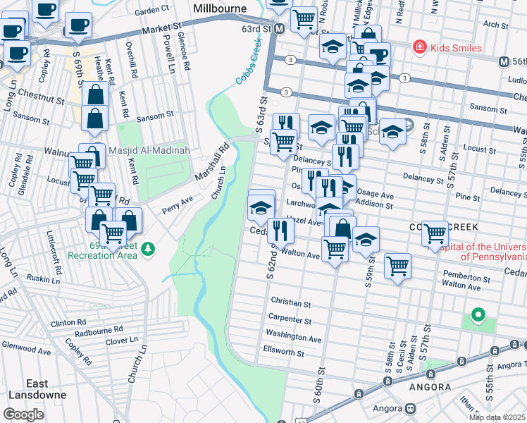 map of restaurants, bars, coffee shops, grocery stores, and more near 6230 Hazel Avenue in Philadelphia