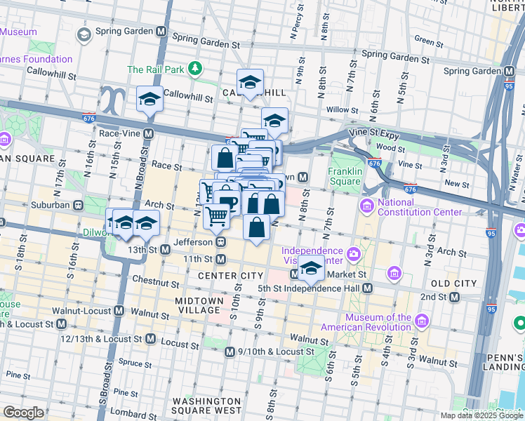 map of restaurants, bars, coffee shops, grocery stores, and more near 917 Arch Street in Philadelphia