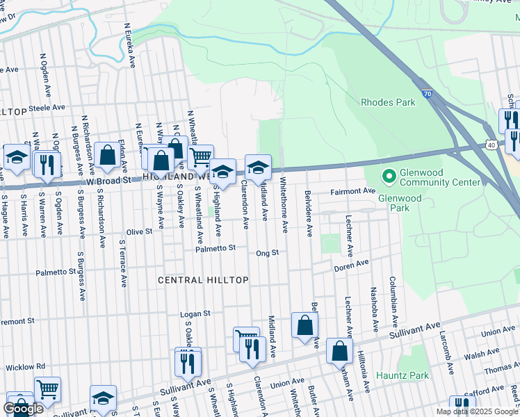 map of restaurants, bars, coffee shops, grocery stores, and more near 79 Midland Avenue in Columbus